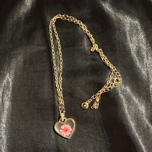 Gold Heart Pendant Necklace with Pink Flower